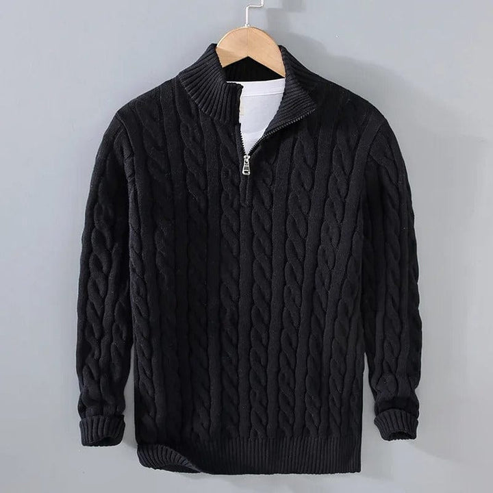 Cable Knit Sweater – Zip Collar & Ribbed Hem