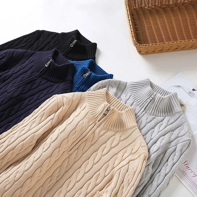Cable Knit Sweater – Zip Collar & Ribbed Hem