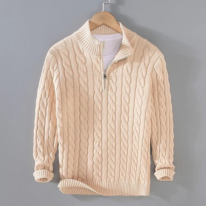 Cable Knit Sweater – Zip Collar & Ribbed Hem