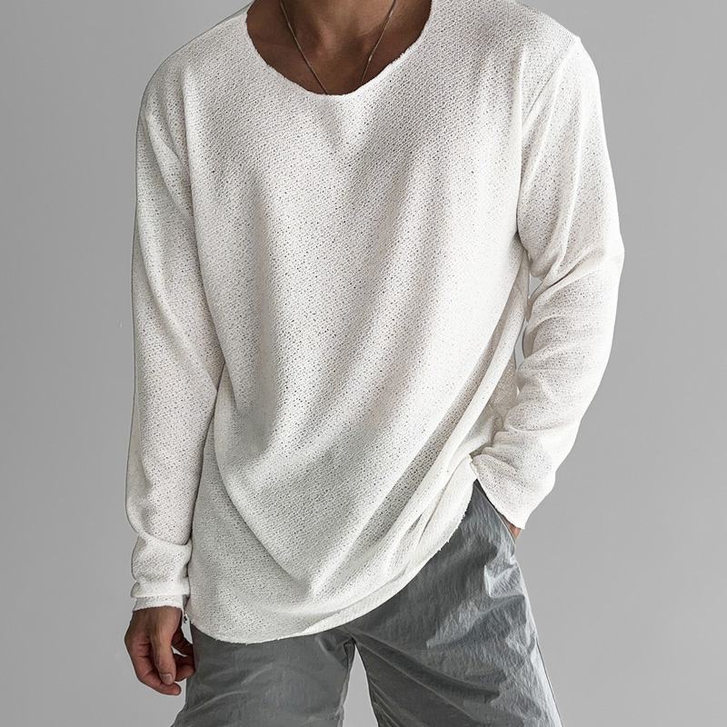 Long-Sleeve Shirt – Perforated Texture & Wide Round Neck