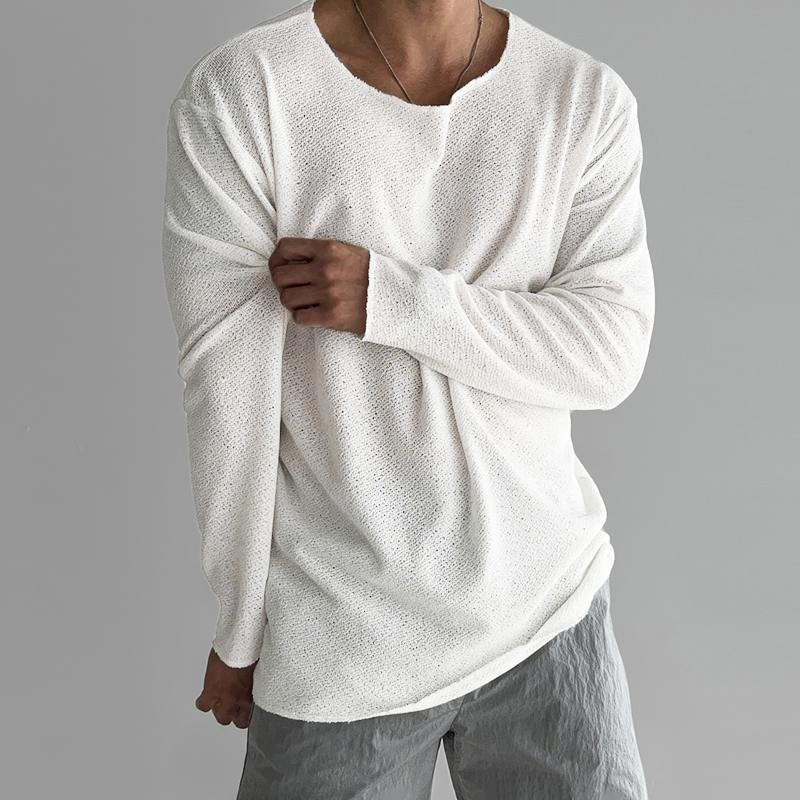 Long-Sleeve Shirt – Perforated Texture & Wide Round Neck