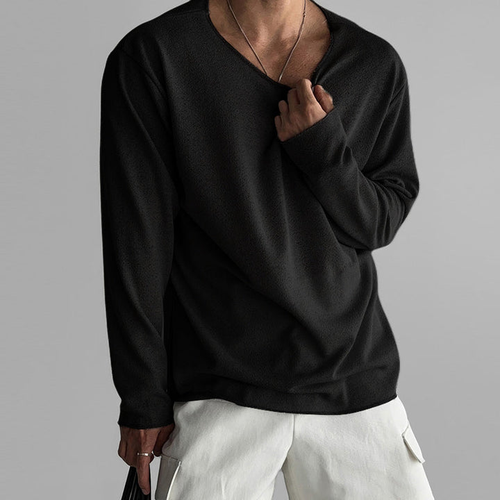 Long-Sleeve Shirt – Perforated Texture & Wide Round Neck