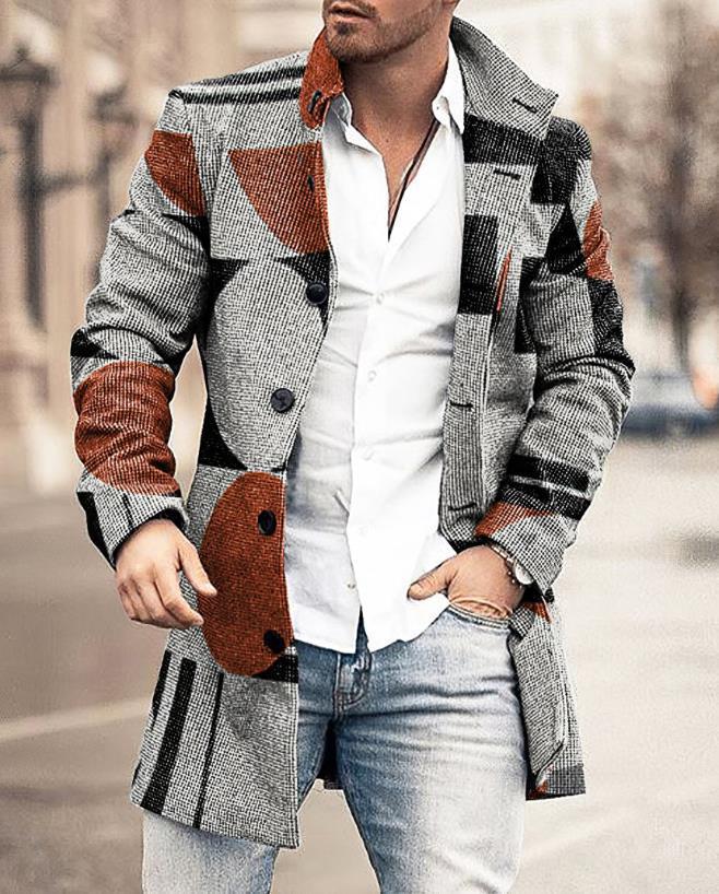 Patterned Coat – Notched Collar & Knee-Length Shape
