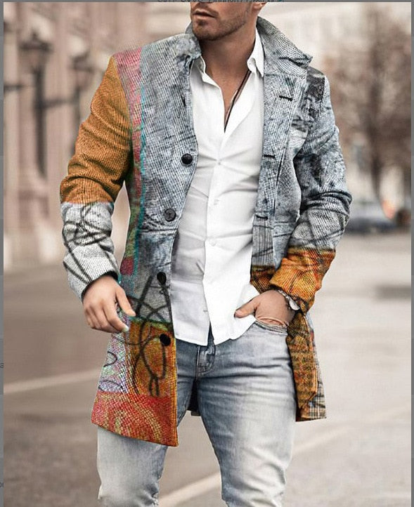 Patterned Coat – Notched Collar & Knee-Length Shape