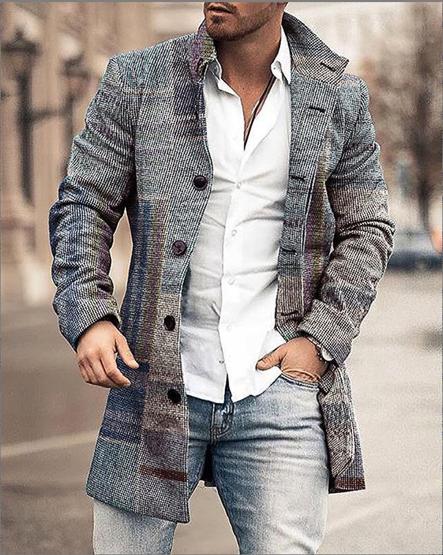 Men's Plaid Coat with Button-Up Front and Tailored Collar