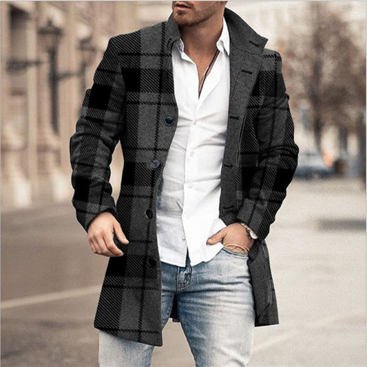 Men's Plaid Coat with Button-Up Front and Tailored Collar