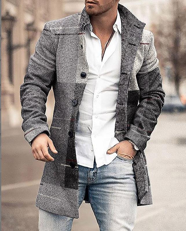 Men's Plaid Coat with Button-Up Front and Tailored Collar