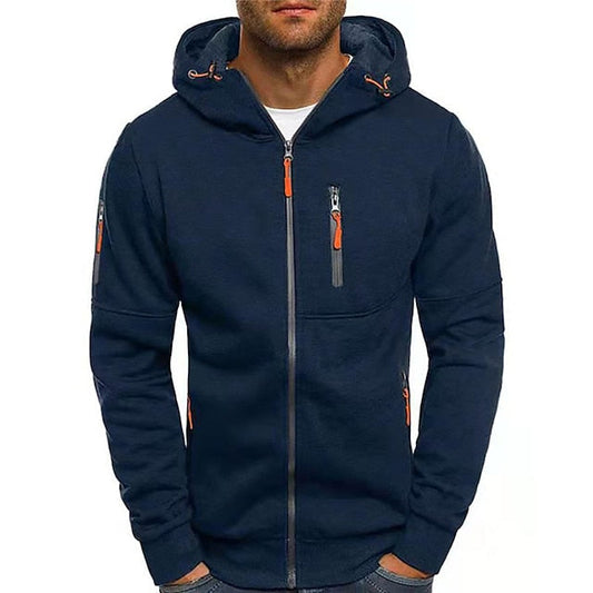 Men's Zip-Up Hoodie with Zippered Pockets and Adjustable Hood